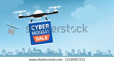 Drone carrying a cyber monday advertisement banner in the city sky
