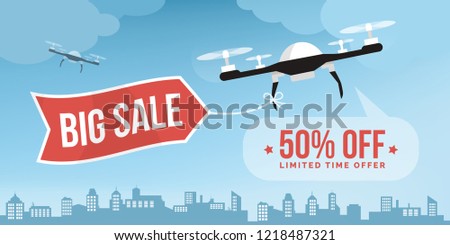 Drone carrying a shopping sale advertisement banner in the city sky