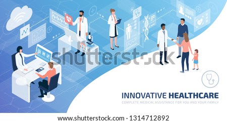 Professional doctors and patients in a virtual environment with user interfaces and screens, innovative healthcare concept