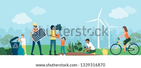 Multiethnic group choosing a sustainable eco-friendly lifestyle: people collecting and recycling waste in a park, growing plants and using renewable energies, ecology and cooperation concept