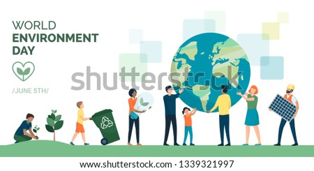 Multiethnic group of people cooperating for a sustainable eco-friendly lifestyle on world environment day: they are supporting planet earth, growing plants, recycling and choosing renewable resources 