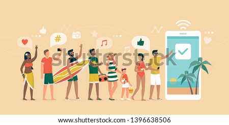 Cheerful people booking a summer vacation on the beach online, they are standing in line, having fun and using a smartphone app