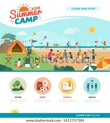 Happy kids enjoying summer camp together on the beach: they are camping, learning and doing sports together, diversity and education concept