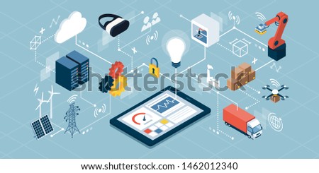 Industrial internet of things, innovative manufacturing and smart industry: human machine interface app on a digital tablet