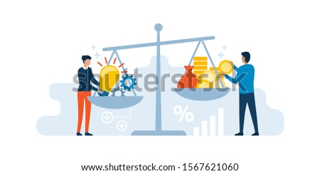 Woman putting her creative ideas on a dish of a scale and investor adding cash money on the other dish: selling ideas, patents and investments concept