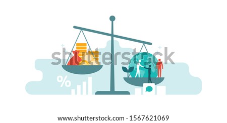 Scale with wealth and cash money on a plate and people, world, environment on the other; balancing business profits and human rights