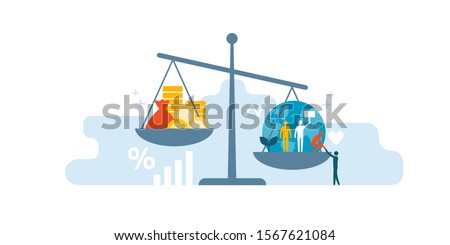 Scale with wealth and cash money on a plate and people, world, environment on the other; balancing business profits and human rights
