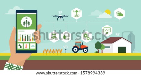 Farmer managing his industrial farm using an app on his smartphone, smart agriculture vector infographic with icons