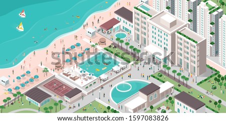 Luxury hotel resort with people, buildings and beach, isometric vector illustration, travel and tourism concept