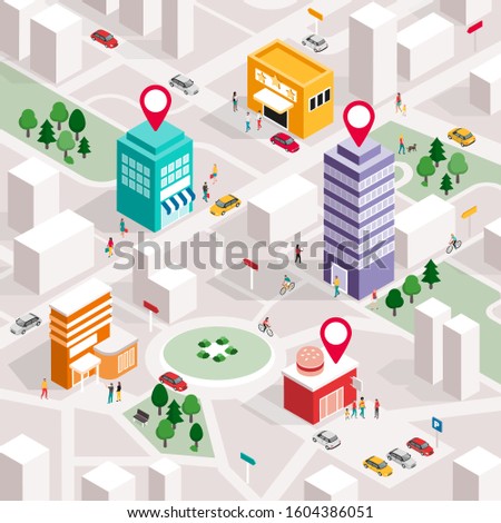 Isometric city map with people, buildings and pin pointers: promote your local business and GPS navigation concept