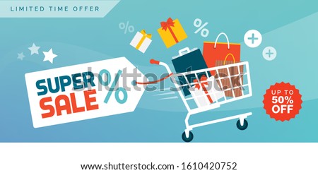 Online shopping promotional sale banner: fast shopping cart full of colorful bags and gifts boxes
