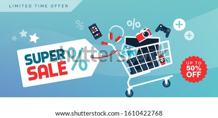 Electronics and devices promotional sale banner with full shopping cart, technology and online shopping concept