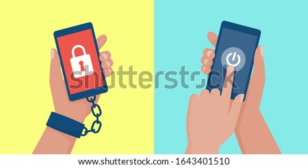 Internet addiction, nomophobia and digital detox: user hand chained to a smartphone and user turning off the phone