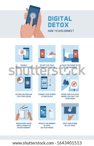 Internet addiction and digital detox infographic: how to disconnect reducing the time spent on the smartphone and on digital devices
