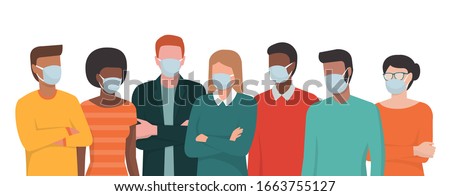 Group of people wearing surgical masks and standing together, prevention and safety procedures concept Photo stock © 