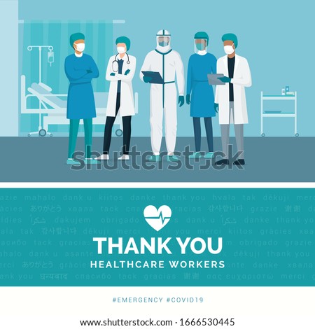 Thank you brave healthcare working in the hospitals and fighting the coronavirus outbreak, vector illustration
