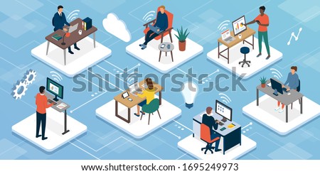 Teleworking and business teamwork: professional workers connecting with their computers and working with their colleagues online, working from home concept