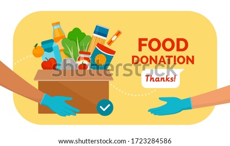 Volunteer holding a donation box with food using protective gloves, charity and solidarity during covid-19 pandemic concept