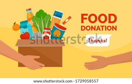 Volunteer holding a donation box with food, awareness and charity concept