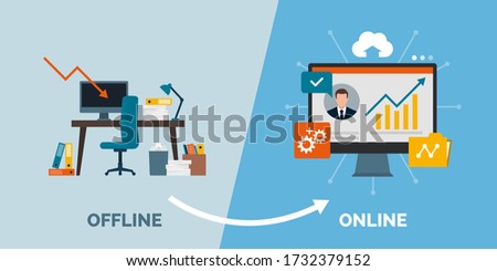 Offline to online business success: use innovative digital tools to improve your work, traditional office desktop changing to a computer desktop