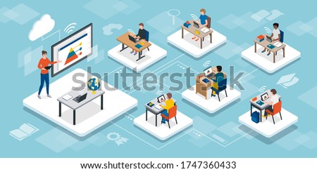 Students in the virtual classroom and teacher using a smart interactive whiteboard, e-learning and online education concept