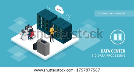 Professional engineers working in the data center, they are monitoring and managing servers, networks and big data concept