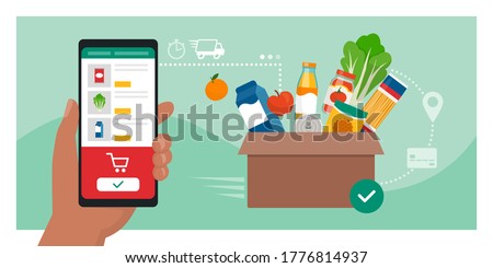 Online grocery shopping: user ordering groceries online using a mobile app, box with fresh food in the background, food delivery concept