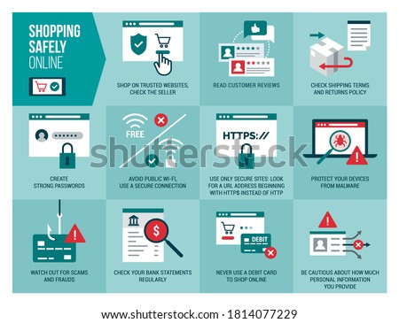 Shopping safely online infographic: safety and cyber security tips for secure orders and transactions