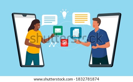 Social media users connecting together online on their smartphones, they are video calling and sharing files, technology and communication concept
