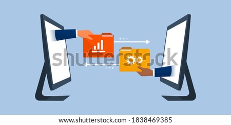 Business team working remotely and exchanging files online, data transfer tools concept