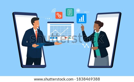 Confident business people connecting together online and sharing files on their smartphones, remote working and video conference concept
