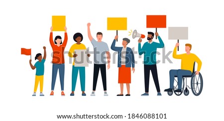 Group of diverse people holding signs and protesting together, social movements and rights concept