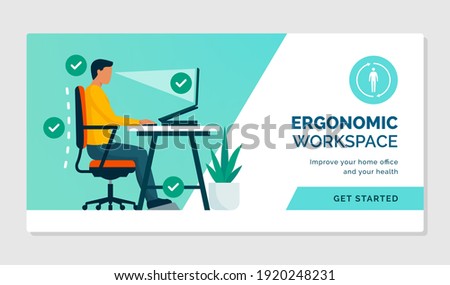 Ergonomic workspace: sitting at desk with proper posture and office equipment