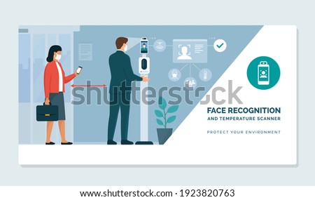 Business people standing in front of a thermal temperature measurement device: Face recognition, body temperature check and hand sanitizer