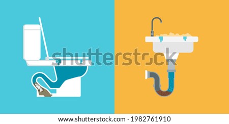 Clogged toilet and sink with clog obstructing the pipe: drain problems concept Foto stock © 