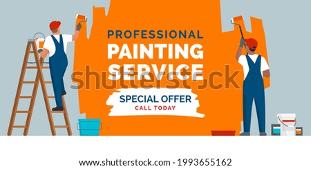 Professional painters painting a wall and promotional offer text