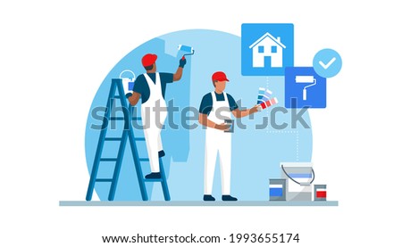 Professional painters and decorators painting walls in a residential room with professional equipment Stock foto © 