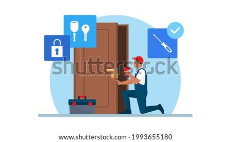 Professional locksmith repairing a door lock using professional tools