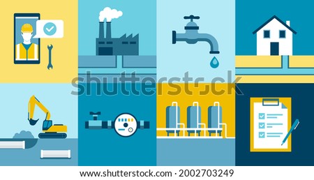 Water supply and sanitation services icons set: water treatment, distribution and collection service provider