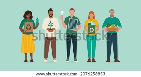 Diverse people from all over the world standing together and supporting a sustainable lifestyle: environmental care and eco friendly solutions concept