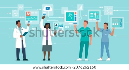 Professional doctors interacting with virtual interfaces online, they are checking electronic medical records, telemedicine and virtual reality concept