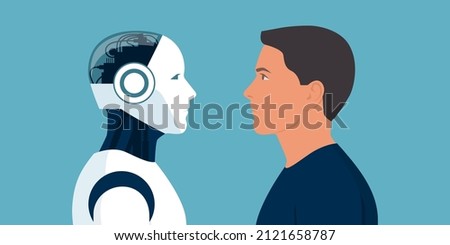 Machine vs human: AI robot and man facing each other