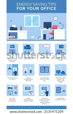 Energy saving tips for your office: how to lower your utility bills and make your life more environmentally friendly, office interior and icons set