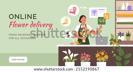 Professional florist holding a flower bouquet and taking orders online, flower delivery promotional banner