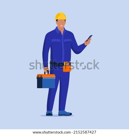 Electrician holding a smartphone and receving calls, professional electrical service on call