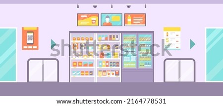 Unmanned convenience store interior: shelves and fridges with goods, AI cameras and sensors