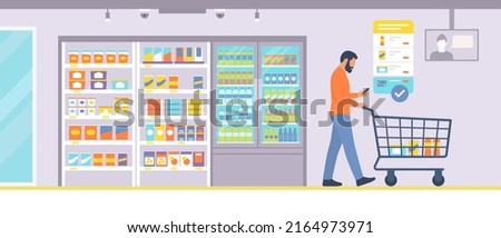 Man doing grocery shopping at the supermarket and checking the smartphone, unmanned store concept