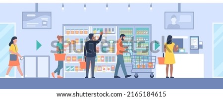 People doing grocery shopping at the supermarket and using an innovative self-checkout