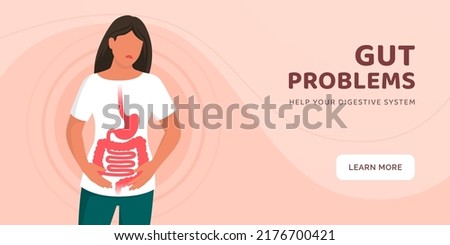 Sad painful woman with inflammatory bowel disease: gut problems and constipation banner