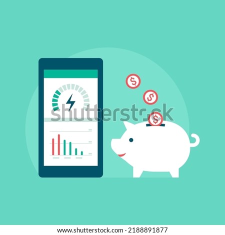 Save money on your electrical bill: energy efficiency app on smartphone and coins falling in a piggy bank